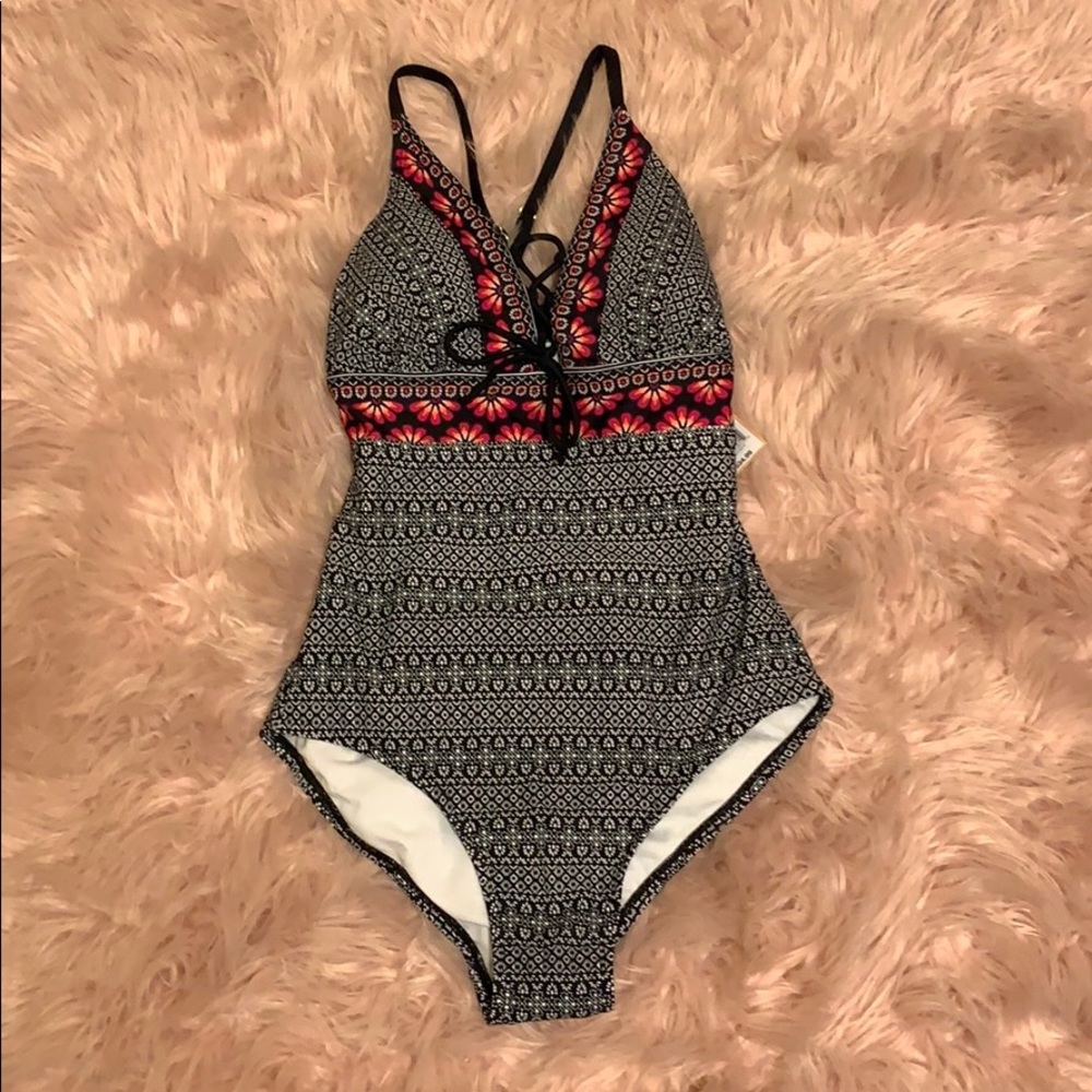 Black Patterned One Piece Swimsuit